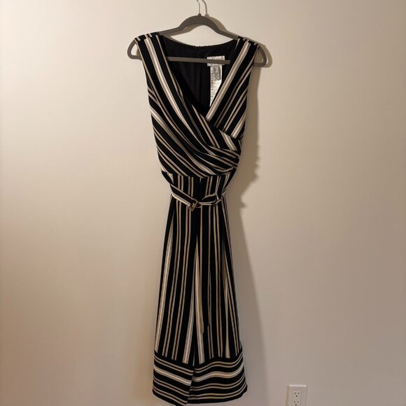 Joseph Ribkoff Wide-Leg Striped Jumpsuit | Black Gold White | Size 12 - Picture 2 of 11